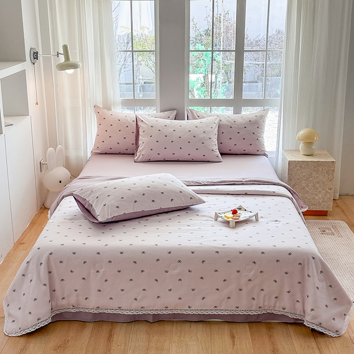 91家纺网 家纺一手货源 找家纺 斯卡诺家纺 2025新款针织双层纱韩版花边夏被四件套夏季夏凉被空调被 莫奈紫