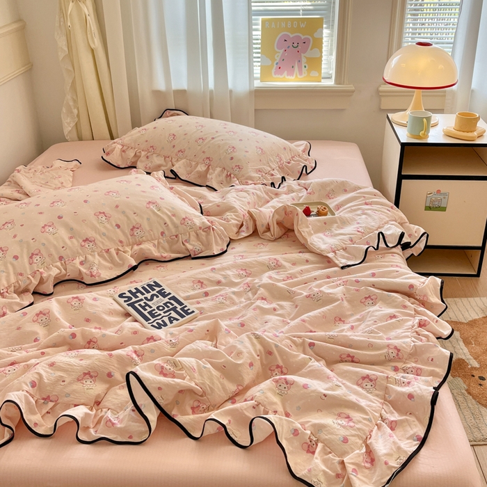 91家纺网 家纺一手货源 找家纺 欧尚 2025新款细黑边夏被床单床盖三件套 粉蒂