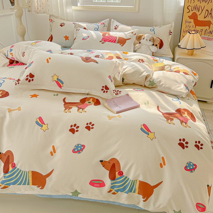 91家纺网 家纺一手货源 找家纺 悦织湾家纺 2025新款亲肤芦荟棉四件套轻奢印花磨毛床上用品亲肤棉四件套 腊肠派对