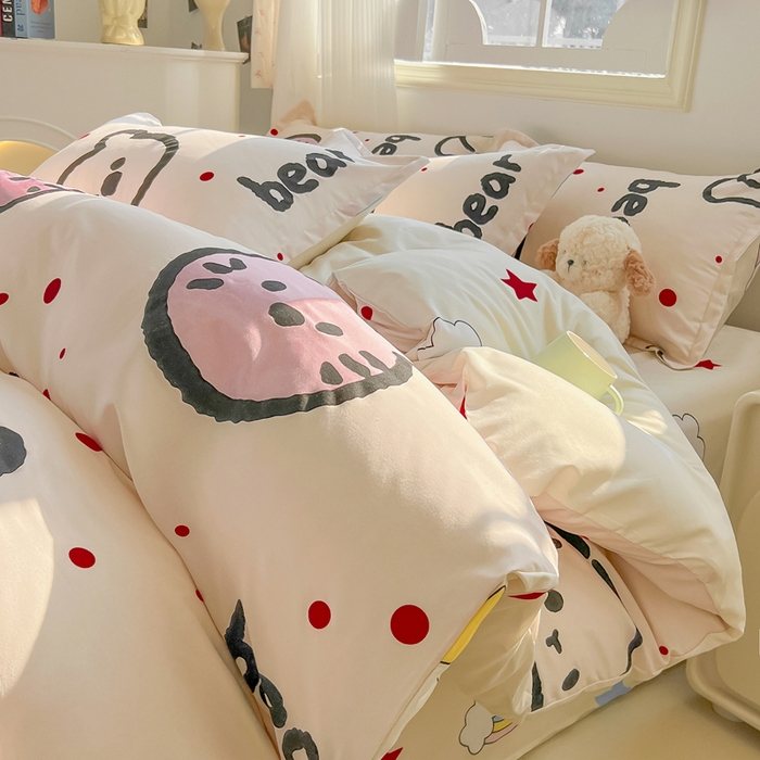 91家纺网 家纺一手货源 找家纺 悦织湾家纺 2025新款亲肤芦荟棉四件套轻奢印花磨毛床上用品亲肤棉四件套 爱心熊
