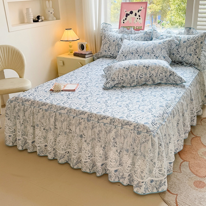 91家纺网 家纺一手货源 找家纺 宜凡家纺 2025新款全棉蕾丝花边床裙三件套 花香浮梦