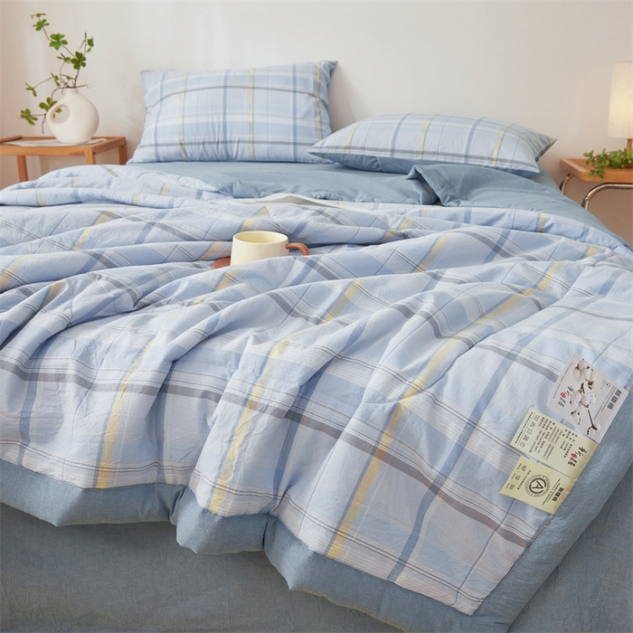 91家纺网 家纺一手货源 找家纺 2025新款A类里外全棉夏凉被100%新疆棉纯棉全棉填充无印格子款空调被原棉夏被 里外全棉-简蓝格