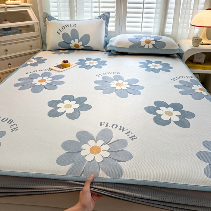 91家纺网 家纺一手货源 找家纺 花言狐语 2025新款真冰藤印花床笠款凉席 花语