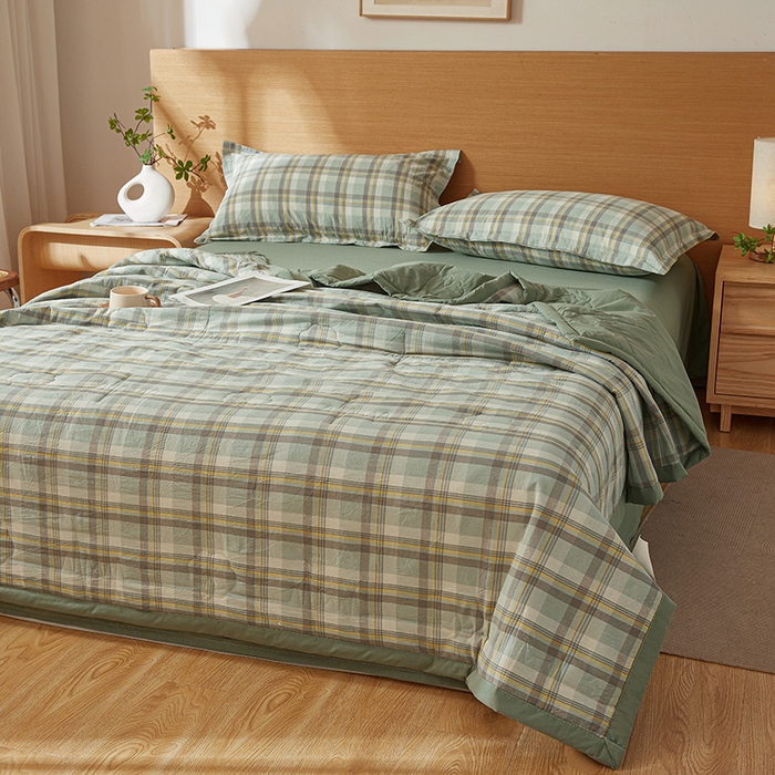 91家纺网 家纺一手货源 找家纺 西域种棉人·千百笠 2025新款A类100%新疆棉花夏凉被纯棉全棉填充原棉空调被手工宽边水洗棉夏被 雅致-绿格