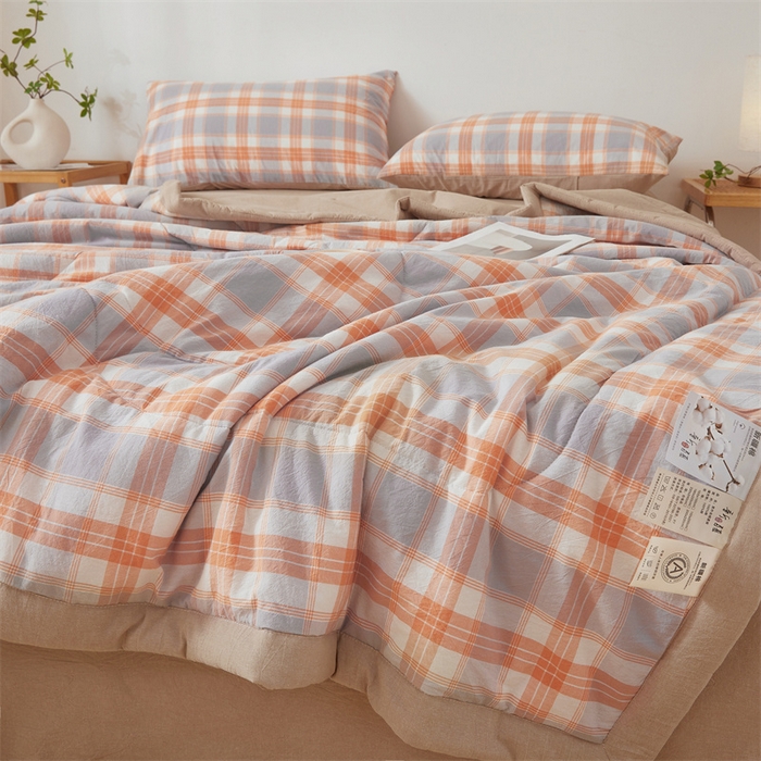 91家纺网 家纺一手货源 找家纺 2025新款A类里外全棉夏凉被100%新疆棉纯棉全棉填充无印格子款空调被原棉夏被 里外全棉-桔灰格