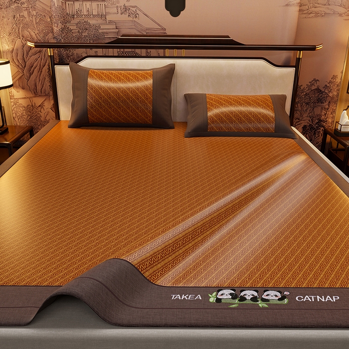 91家纺网 家纺一手货源 找家纺 绒艺席业 2025新款艾草藤席冰丝双面席席子凉席 萌萌熊猫-斜条纹