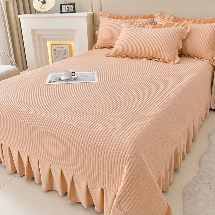 91家纺网 家纺一手货源 找家纺 星窝家纺 2025新款水洗棉花边床裙式多功能床盖三件套 经典橘色