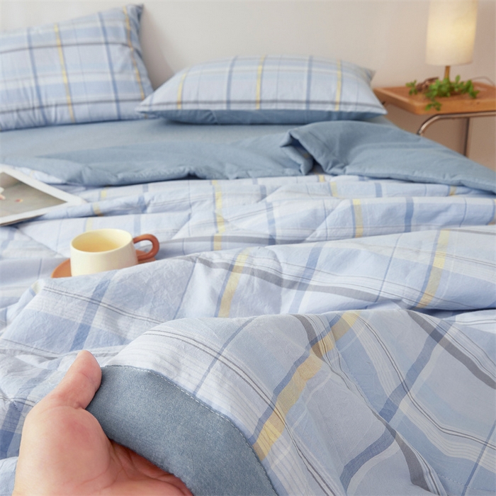 91家纺网 家纺一手货源 找家纺 2025新款A类里外全棉夏凉被100%新疆棉纯棉全棉填充无印格子款空调被原棉夏被 里外全棉-简蓝格