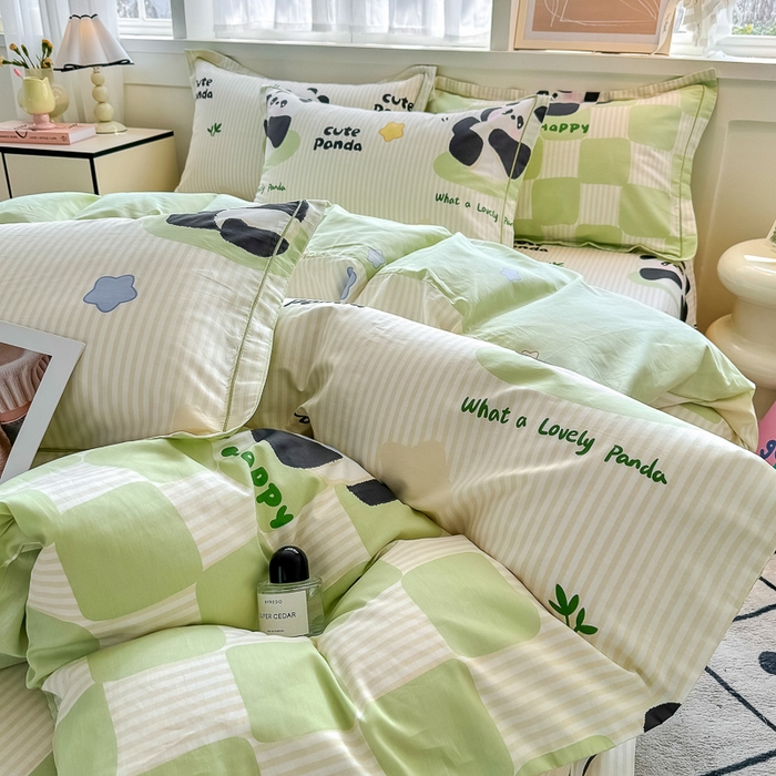 91家纺网 家纺一手货源 找家纺 红粉佳人家纺 2025春夏新款A类全棉纯棉12868纯棉单被套 绿格熊猫