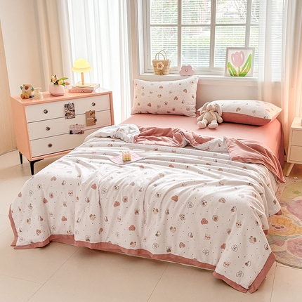 金喜 2025新款小清新风格有氧针织双层纱大豆被夏被四件套 可爱小熊