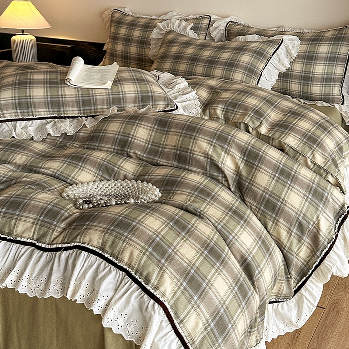 91家纺网 家纺一手货源 找家纺 蓝邻家纺 2025春夏新款全棉纯棉复古双层纱花边织带款四件套 布里奥