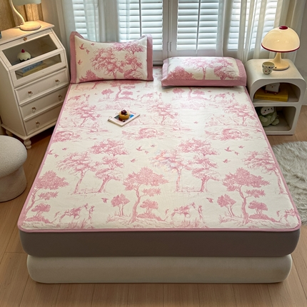 花言狐语 2025新款真冰藤印花床笠款凉席 丛林间-粉