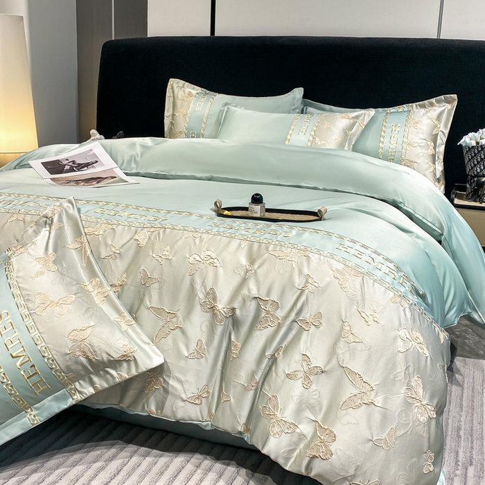 91家纺网 家纺一手货源 找家纺 子曰 2025新款金丝提花浮雕刺绣水洗真丝四件套 醉蝴蝶-绿