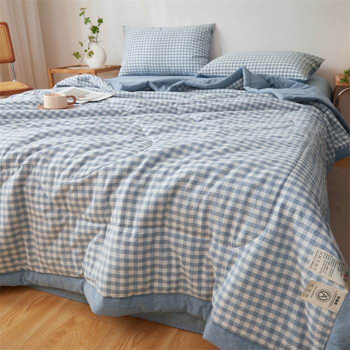 91家纺网 家纺一手货源 找家纺 2025新款A类里外全棉夏凉被100%新疆棉纯棉全棉填充无印格子款空调被原棉夏被 里外全棉-蓝小格