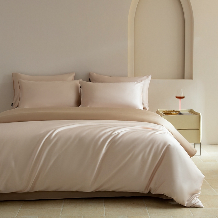 91家纺网 家纺一手货源 找家纺 云栖家居 202560支兰精天丝纯拼色四件套 香槟咖