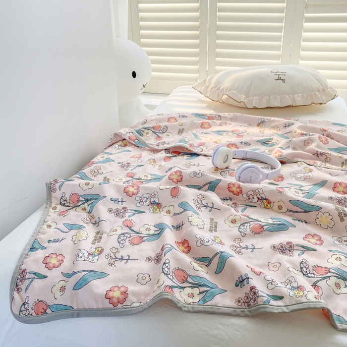 91家纺网 家纺一手货源 找家纺 潮邦 2025新款全棉双层纱多功能盖毯 心怡粉