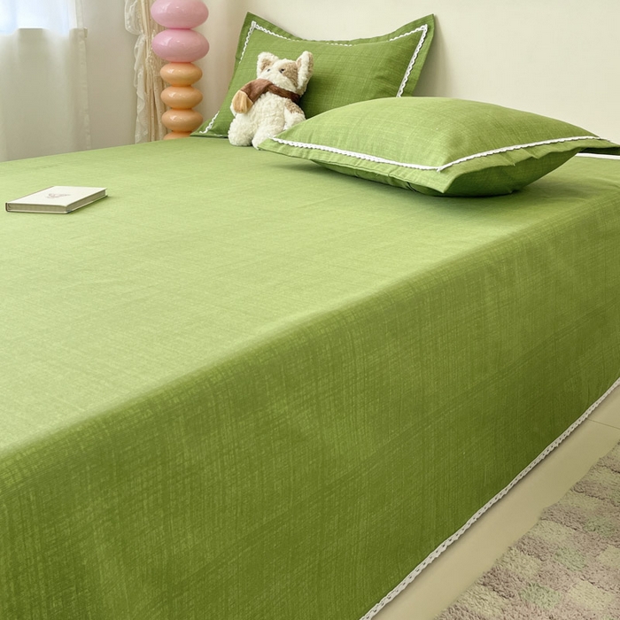 91家纺网 家纺一手货源 找家纺 新印象  2025新款花边老粗布床单款床笠款三件套倾城-绿