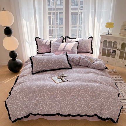 2025新款黑花边有氧云感m提花针织水洗m双层纱四件套 繁花