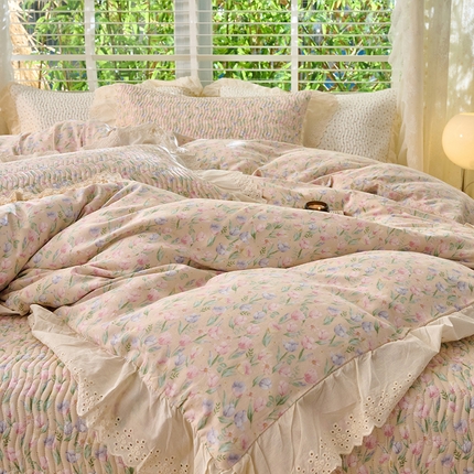 X猫先生 2025新款法式全棉双层纱床盖套件夹棉床单三四件套（A类母婴级） 素馨花恋