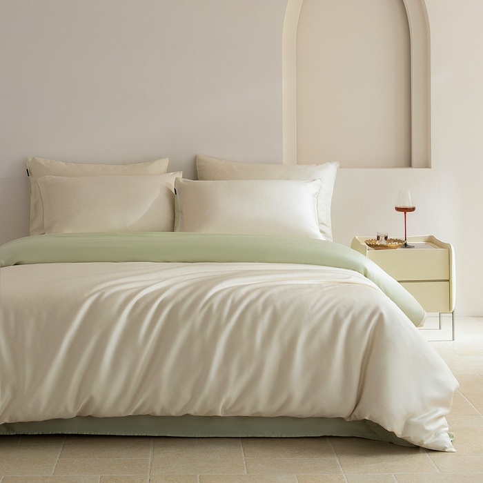 91家纺网 家纺一手货源 找家纺 云栖家居 202560支兰精天丝纯拼色四件套 牛油果绿