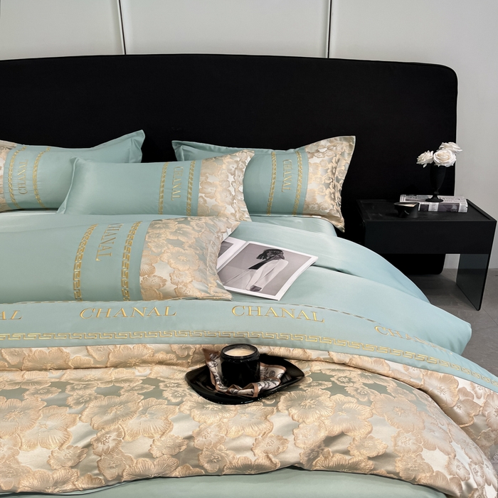 91家纺网 家纺一手货源 找家纺 米彩家纺 2025新款A类水洗真丝金丝浮雕提花绣花四件套 桃花-水绿