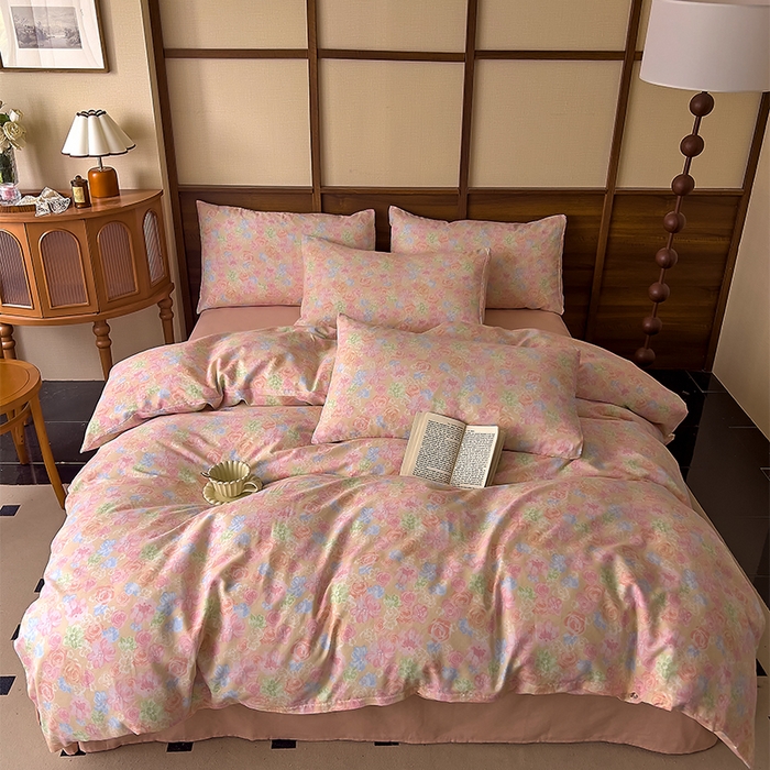 91家纺网 家纺一手货源 找家纺 优品阁  2025新款A类全棉有氧双层纱四件套 绯色花间