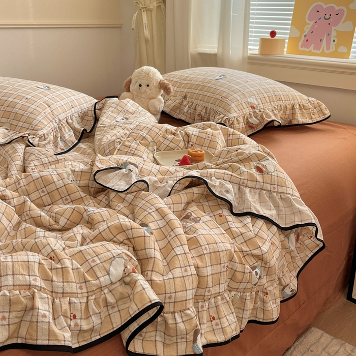 91家纺网 家纺一手货源 找家纺 欧尚 2025新款细黑边夏被床单床盖三件套 呆萌狗