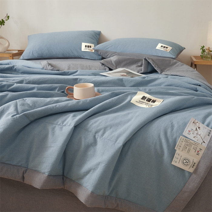91家纺网 家纺一手货源 找家纺 2025新款A类里外全棉夏凉被100%新疆棉纯棉全棉填充无印格子款空调被原棉夏被 里外全棉-双拼浅蓝