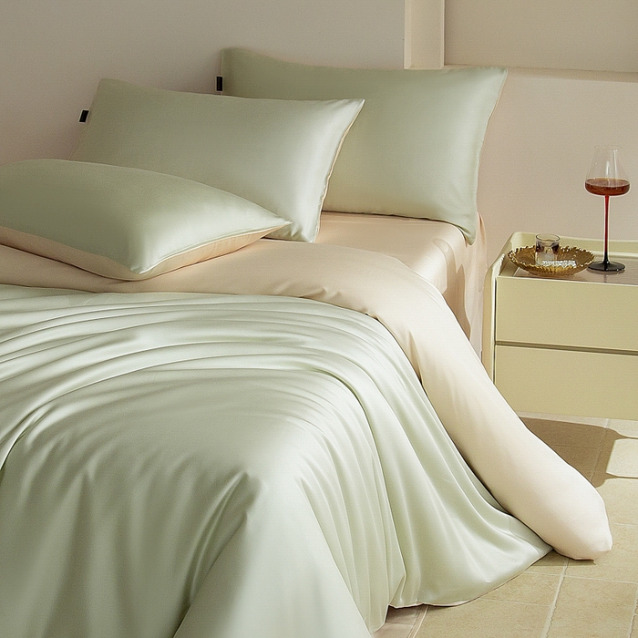 91家纺网 家纺一手货源 找家纺 云栖家居 202560支兰精天丝纯拼色四件套 浅绿香槟