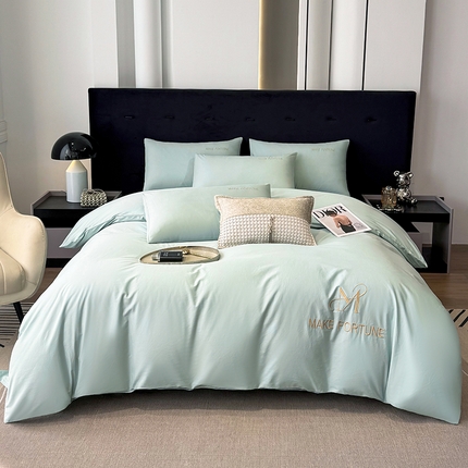 91家纺网 家纺一手货源 找家纺 鸿织源家纺 2025新款全棉刺绣款简约纯色四件套 清水绿