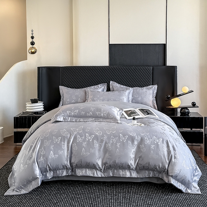 91家纺网 家纺一手货源 找家纺 狂想家 2025新款高奢提花水洗天丝系列四件套 蝶之恋高级灰