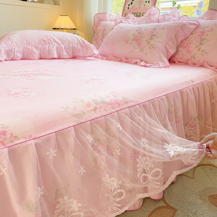 91家纺网 家纺一手货源 找家纺 宜凡家纺 2025新款全棉蕾丝花边床裙三件套 弥花集