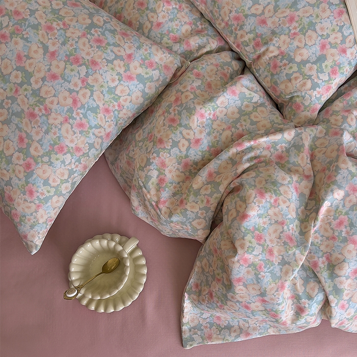 91家纺网 家纺一手货源 找家纺 优品阁  2025新款A类全棉有氧双层纱四件套 庭花香