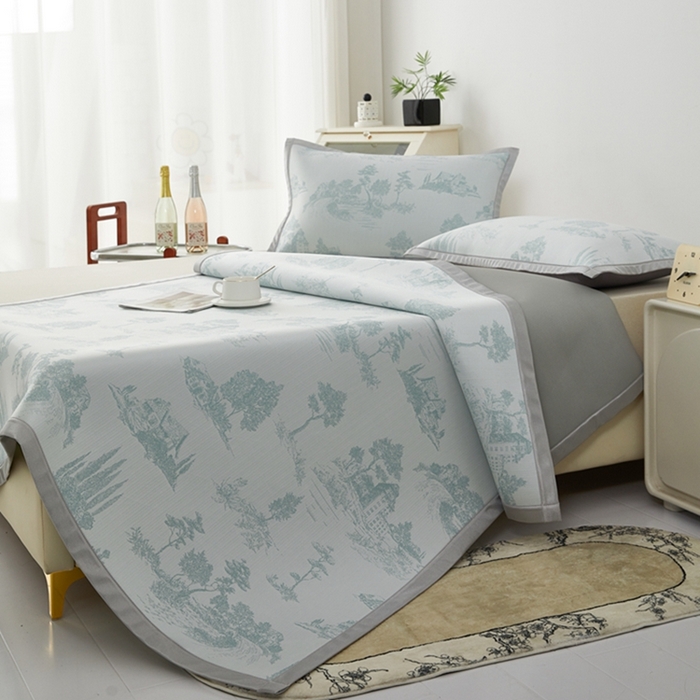 91家纺网 家纺一手货源 找家纺 曲宿家纺 2025新款A类高分子色织提花软凉席系列 山涧-湖蓝