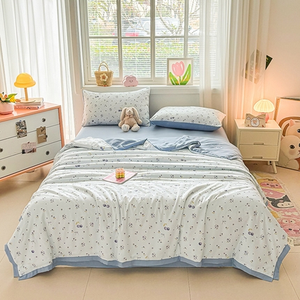 金喜 2025新款小清新风格有氧针织双层纱大豆被夏被四件套 星晴兰