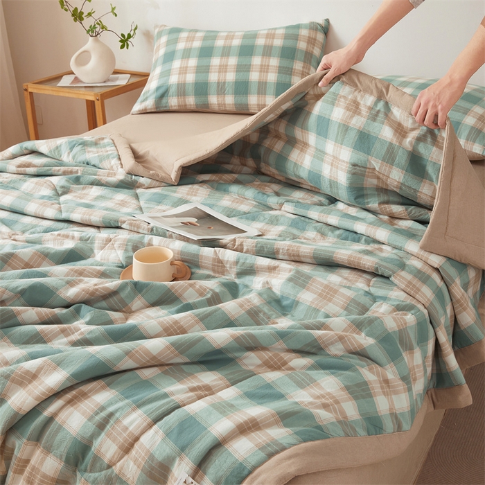 91家纺网 家纺一手货源 找家纺 2025新款A类里外全棉夏凉被100%新疆棉纯棉全棉填充无印格子款空调被原棉夏被 里外全棉-绿咖格