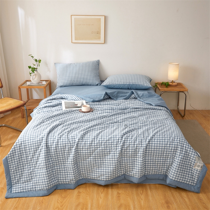 91家纺网 家纺一手货源 找家纺 2025新款A类里外全棉夏凉被100%新疆棉纯棉全棉填充无印格子款空调被原棉夏被 里外全棉-蓝小格