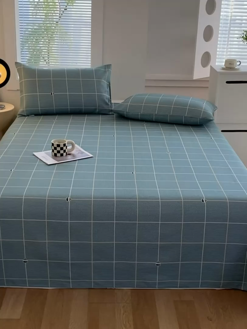 91家纺网 家纺一手货源 找家纺 爱彼家纺 2025新款锦柔老粗布席子凉席床单 绿条格