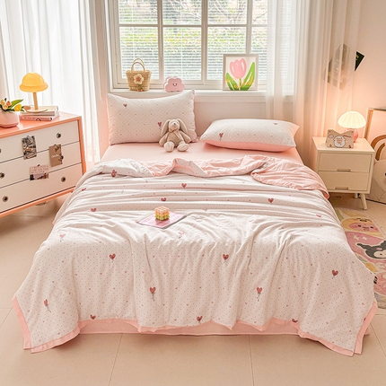 金喜 2025新款小清新风格有氧针织双层纱大豆被夏被四件套 爱心气球