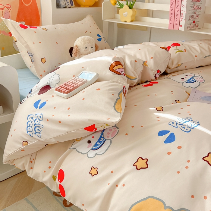 91家纺网 家纺一手货源 找家纺 悦织湾家纺 2025新款印花学生宿舍亲肤芦荟棉三件套单双人四件套轻奢印花磨毛床上用品 蛋糕熊