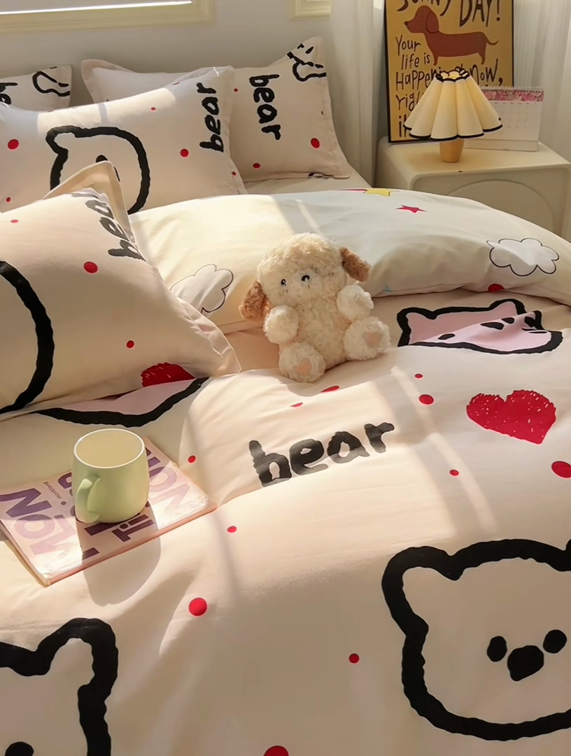 91家纺网 家纺一手货源 找家纺 悦织湾家纺 2025新款亲肤芦荟棉四件套轻奢印花磨毛床上用品亲肤棉四件套 爱心熊