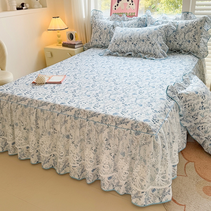 91家纺网 家纺一手货源 找家纺 宜凡家纺 2025新款全棉蕾丝花边床裙三件套 花香浮梦