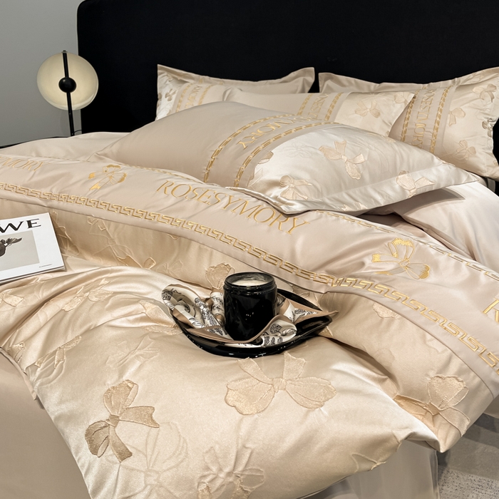 91家纺网 家纺一手货源 找家纺 米彩家纺 2025新款A类水洗真丝金丝浮雕提花绣花四件套 情结-香槟