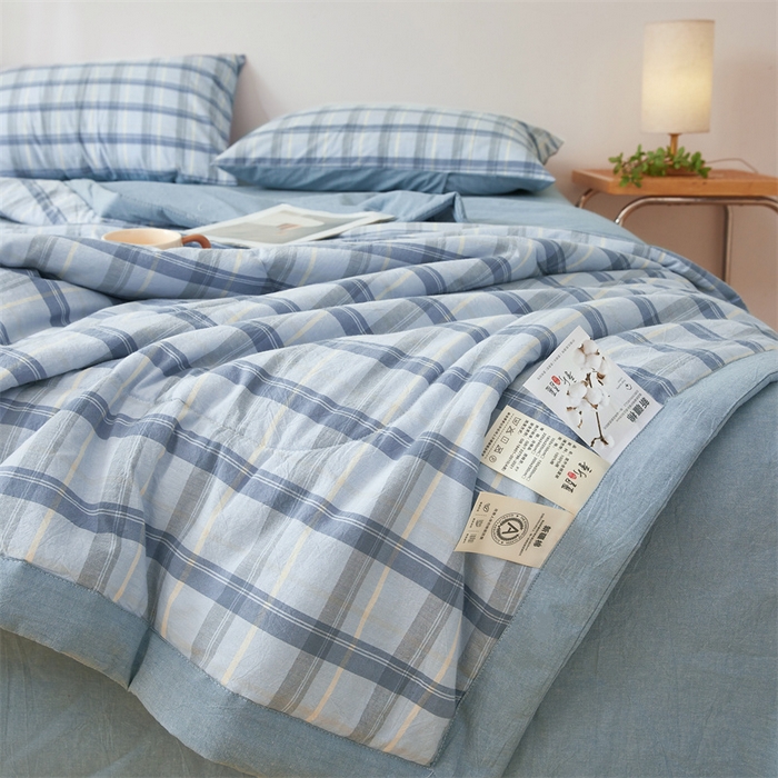 91家纺网 家纺一手货源 找家纺 2025新款A类里外全棉夏凉被100%新疆棉纯棉全棉填充无印格子款空调被原棉夏被 里外全棉-森蓝格