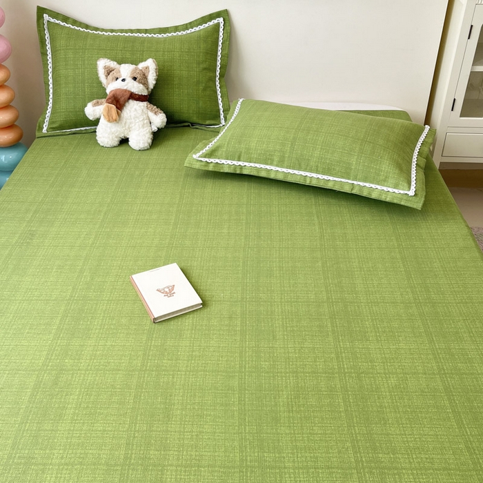 91家纺网 家纺一手货源 找家纺 新印象  2025新款花边老粗布床单款床笠款三件套倾城-绿