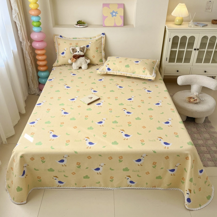 91家纺网 家纺一手货源 找家纺 新印象  2025新款花边老粗布床单款床笠款三件套幸运海鸥