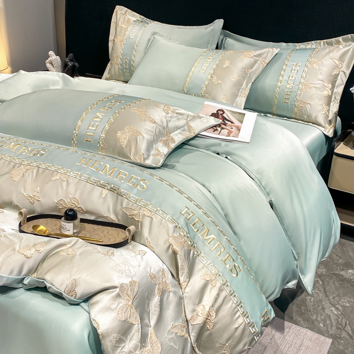 91家纺网 家纺一手货源 找家纺 子曰 2025新款金丝提花浮雕刺绣水洗真丝四件套 醉蝴蝶-绿