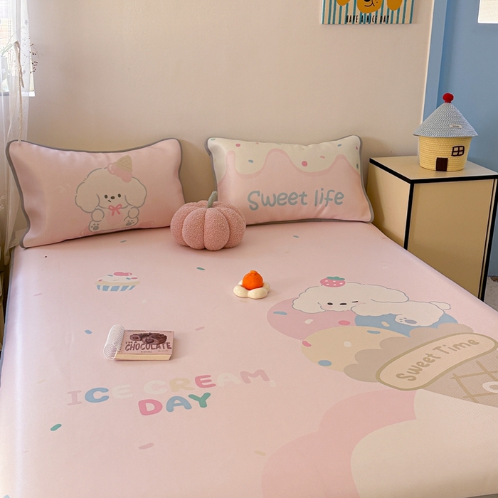 91家纺网 家纺一手货源 找家纺 美乐迪家纺 2025新款碳光凉感冰丝席 冰淇淋小狗