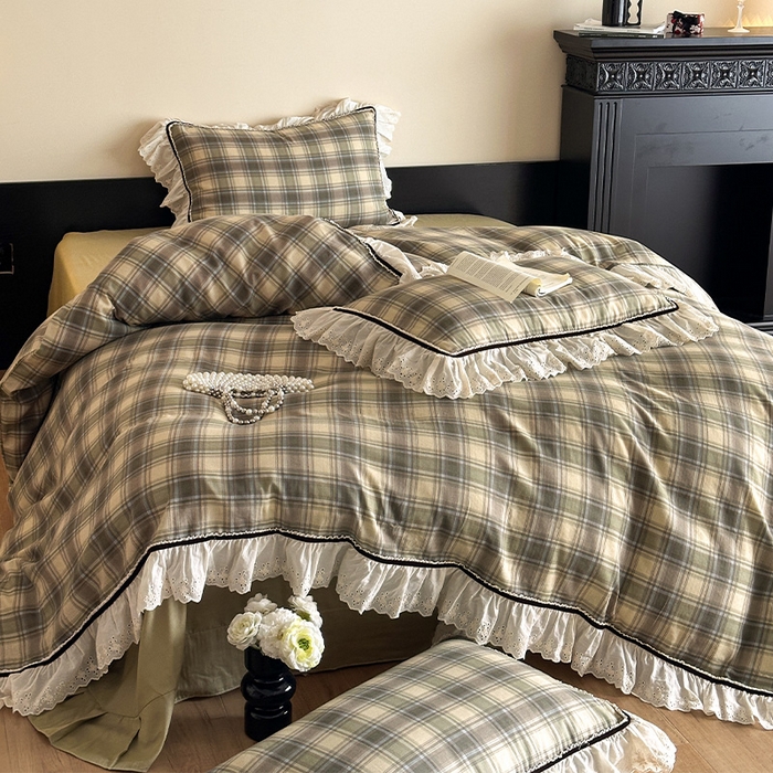 91家纺网 家纺一手货源 找家纺 （总）蓝邻家纺 2025春夏新款全棉纯棉复古双层纱花边织带款四件套