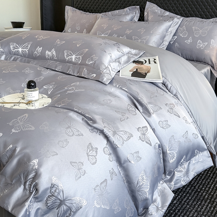 91家纺网 家纺一手货源 找家纺 狂想家 2025新款高奢提花水洗天丝系列四件套 蝶之恋高级灰